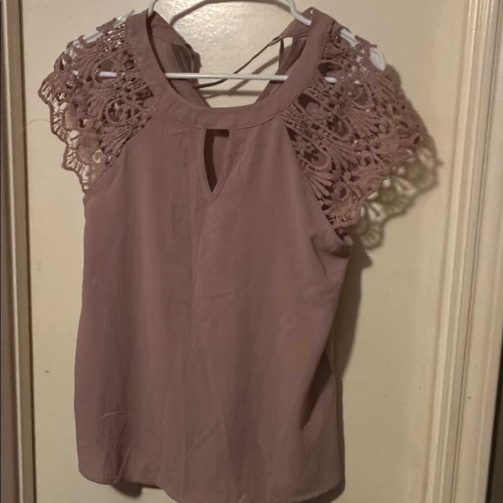 Purple Gray Blouse with Cutout Neckline and Embellished Sleeves